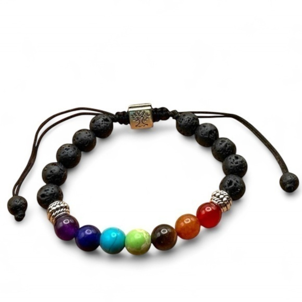 Bracelet Lava Stone and 7 Chakra Healing Stone Tree of Life Silver Color Accents